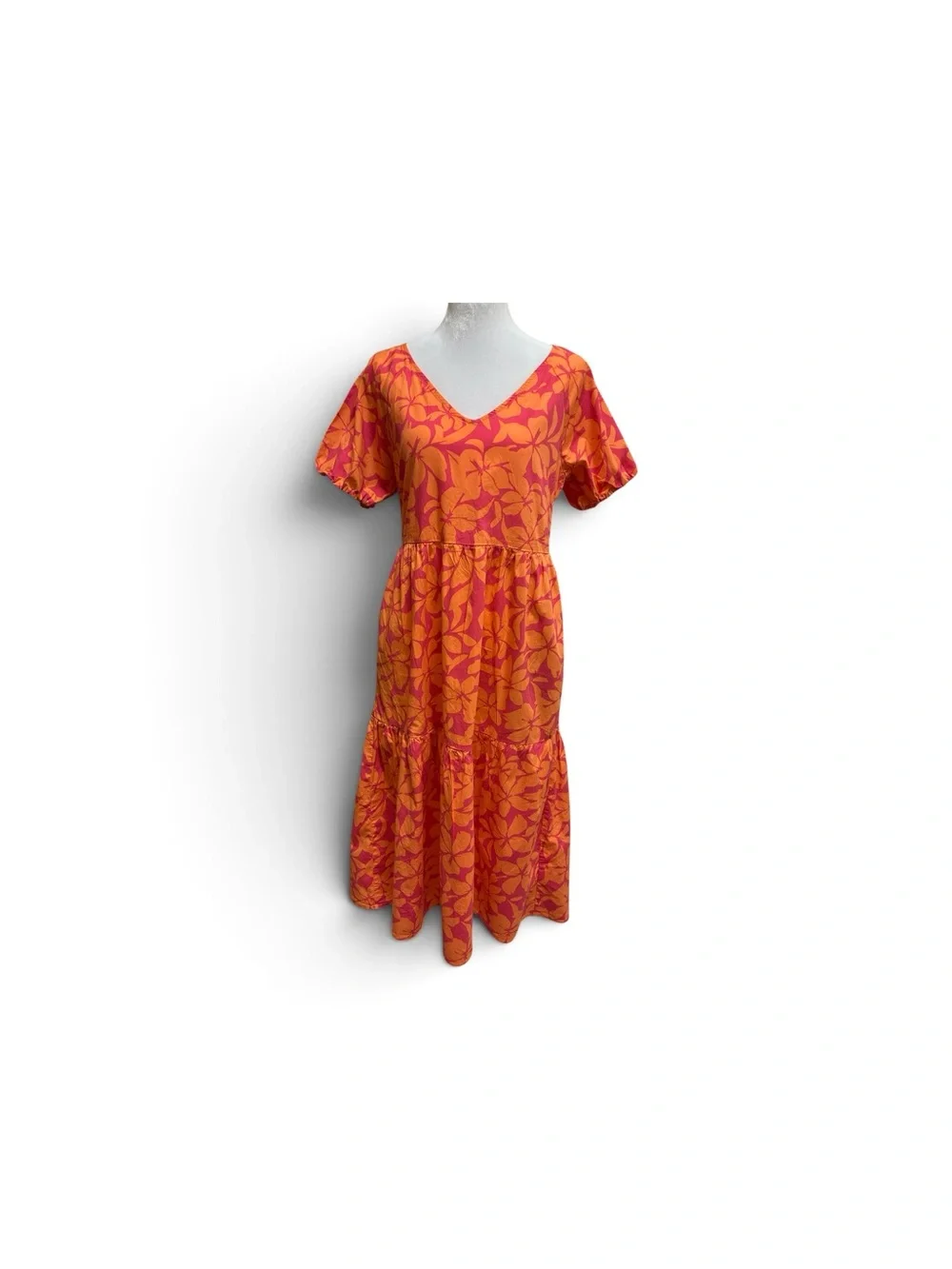 J.Crew Size 6 Orange Pink Tropical Floral Tiered Puff Sleeve Midi Dress Pockets